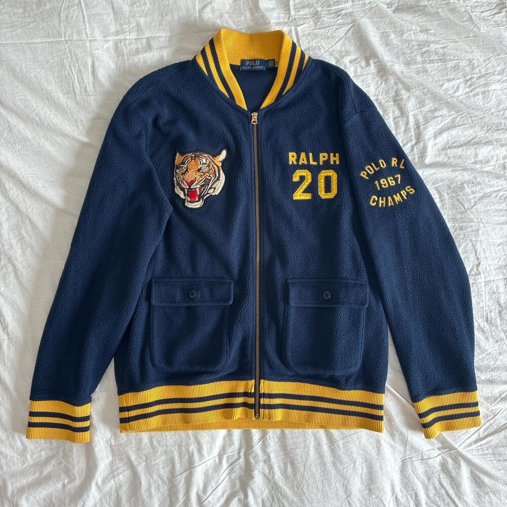 Polo Ralph Lauren Men's Tiger Fleece Bomber Patch Naval Tiger Jacket Size L